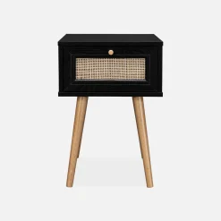Comodino effetto legno e intrecciatura cannage, 1 cassetto