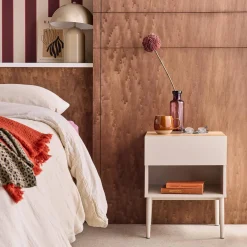 Comodino in metallo e decorazione in legno, 1 anta 1 cassetto