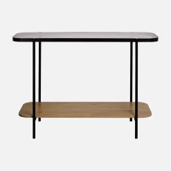 Consolle vintage in metallo nero con piano in vetro e decori in legno, 110 cm