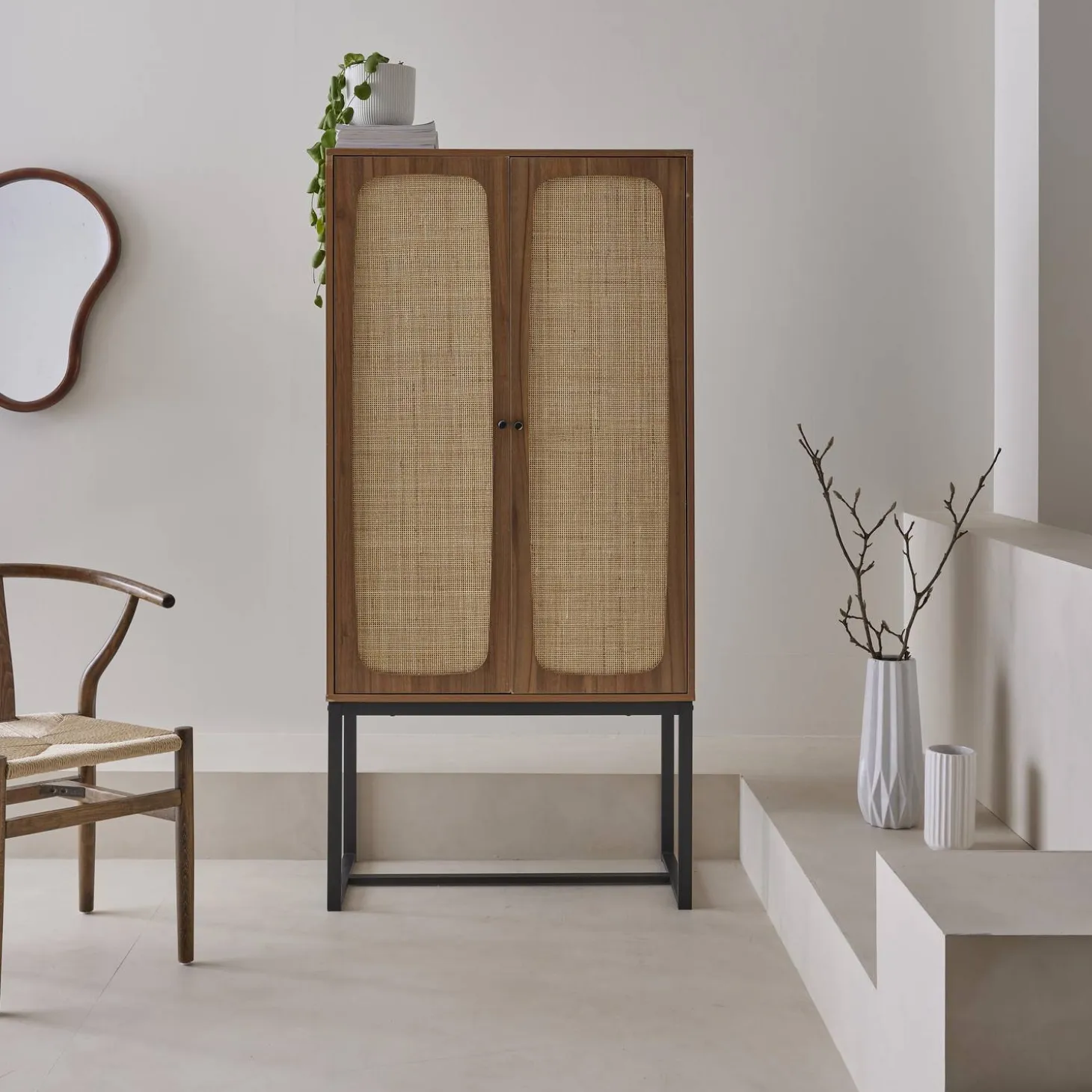 Credenza a 2 ante in canna e legno, 165cm
