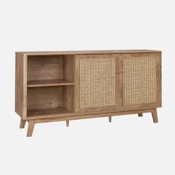 Credenza con 2 ante scorrevoli e ripiani effetto legno e canna, 150cm