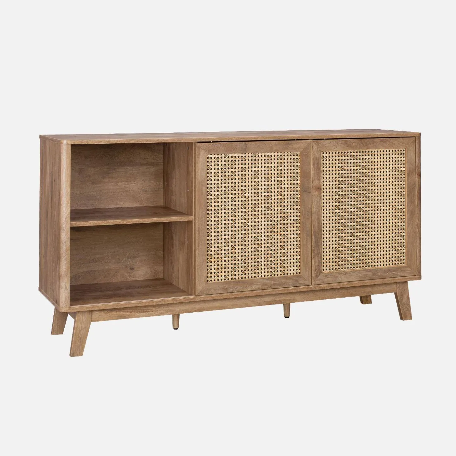 Credenza con 2 ante scorrevoli e ripiani effetto legno e canna, 150cm