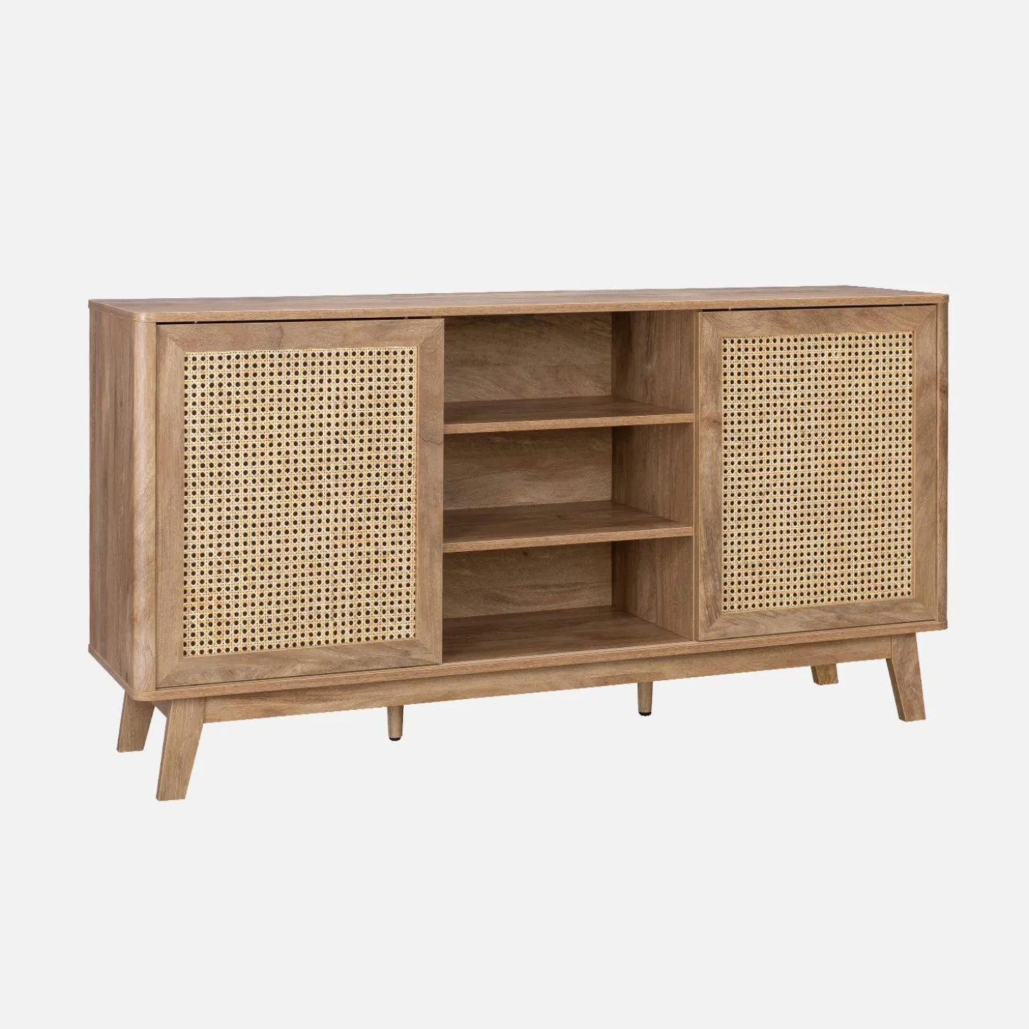 Credenza con 2 ante scorrevoli e ripiani effetto legno e canna, 150cm