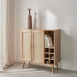 Credenza con portabottiglie, decorazione in vimini e legno, 83cm