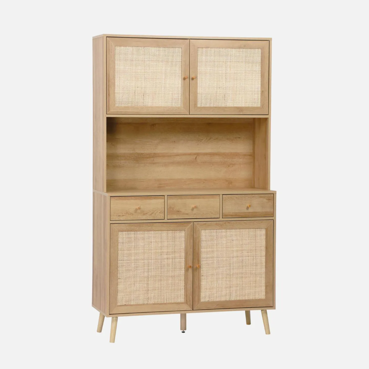 Credenza decorazione in legno e cannage 4 ante e 3 cassetti, 110cm