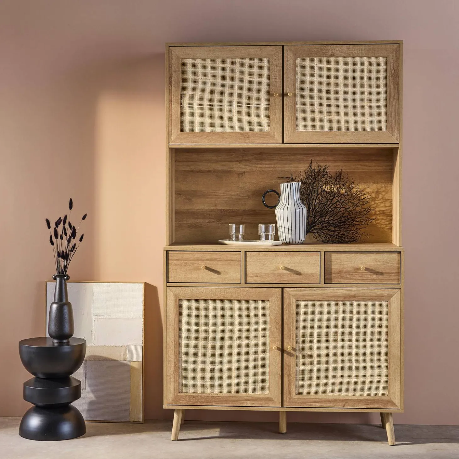 Credenza decorazione in legno e cannage 4 ante e 3 cassetti, 110cm