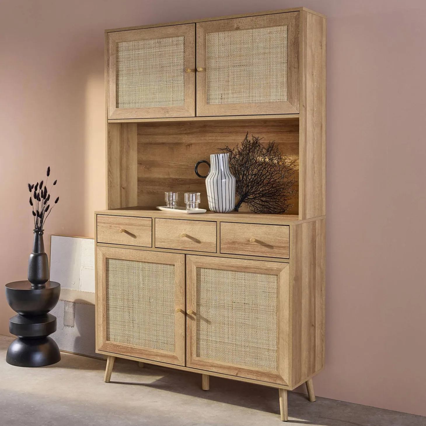 Credenza decorazione in legno e cannage 4 ante e 3 cassetti, 110cm