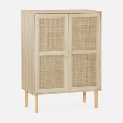 Credenza effetto canna e legno a 2 ante, 80cm