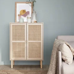 Credenza effetto canna e legno a 2 ante, 80cm