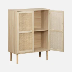 Credenza effetto canna e legno a 2 ante, 80cm