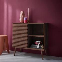 Credenza scandinava effetto legno e anta scorrevole scanalata, 80cm