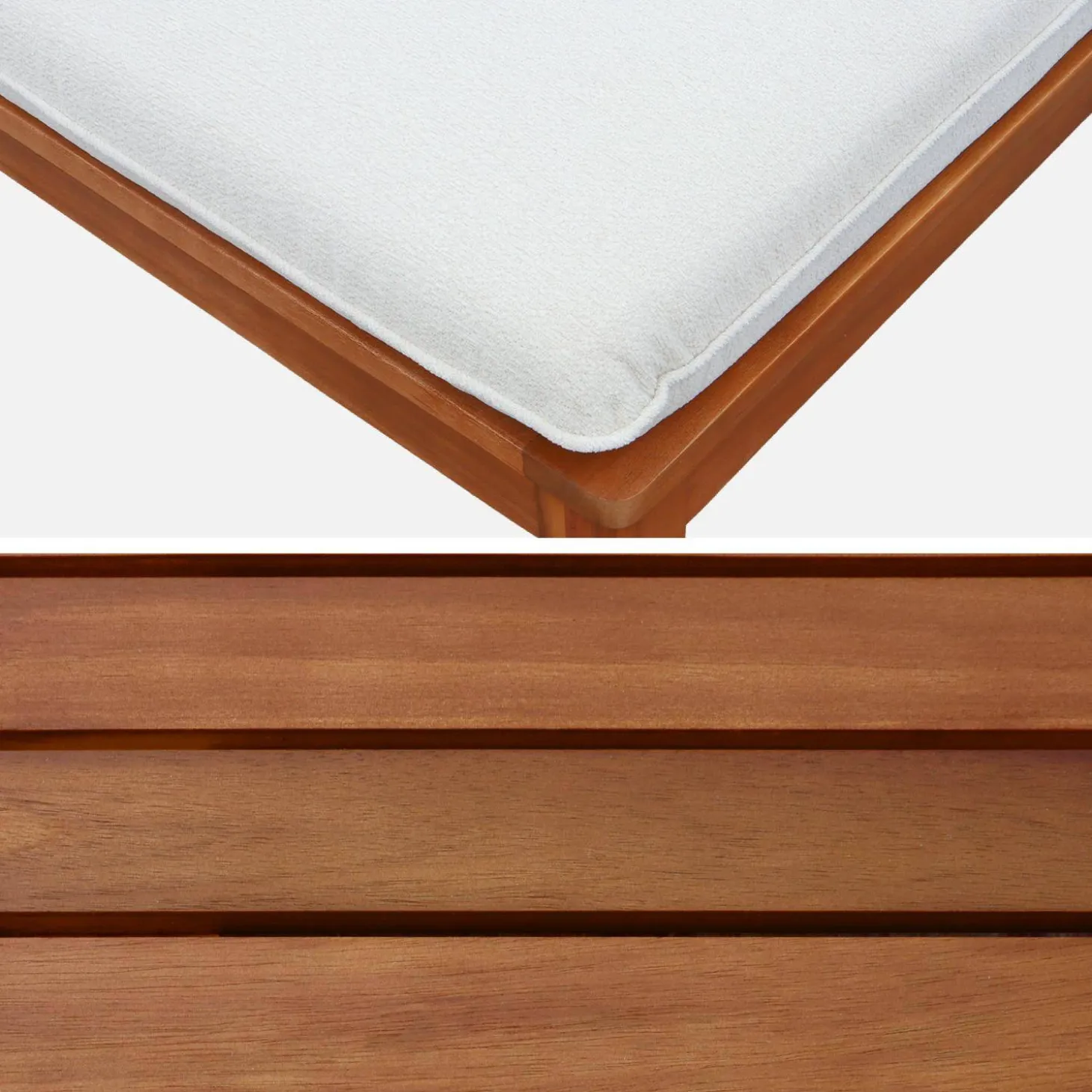 Divano modulare da giardino con tavolino in legno di acacia e bouclé, 1 posto