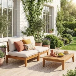 Divano modulare da giardino in legno di acacia, 2 posti