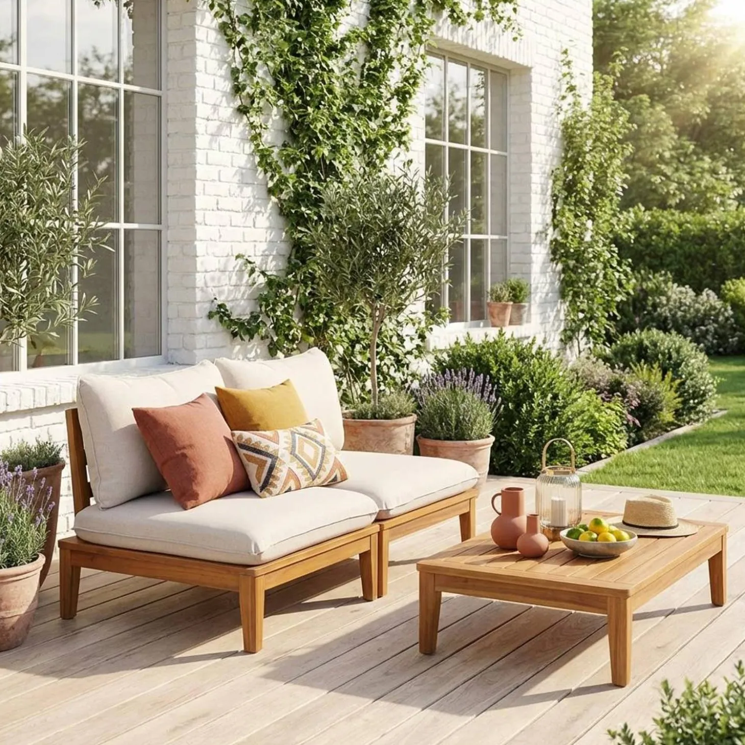 Divano modulare da giardino in legno di acacia, 2 posti