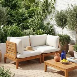 Divano modulare da giardino in legno di acacia e bouclé, 2 posti