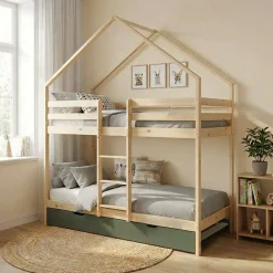 Letto a castello per bambini a forma di casa 190cm in pino naturale con cassetti