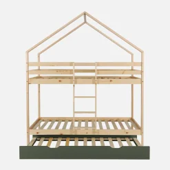 Letto a castello per bambini a forma di casa 190cm in pino naturale con cassetti