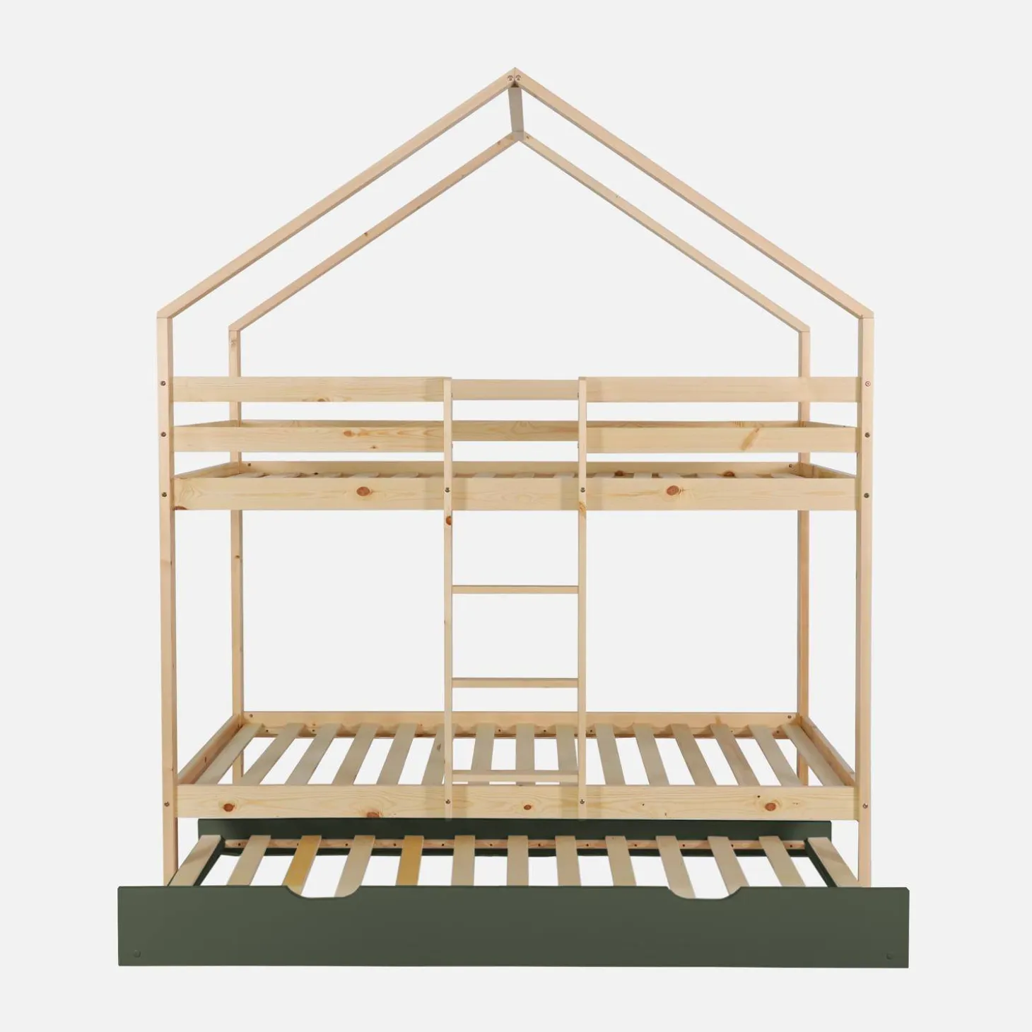 Letto a castello per bambini a forma di casa 190cm in pino naturale con cassetti