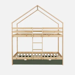 Letto a castello per bambini a forma di casa 190cm in pino naturale con cassetti