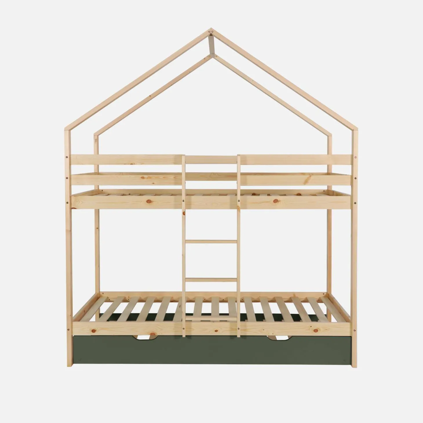 Letto a castello per bambini a forma di casa 190cm in pino naturale con cassetti