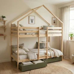 Letto a castello per bambini a forma di casa 190cm in pino naturale con cassetti