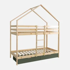 Letto a castello per bambini a forma di casa 190cm in pino naturale con cassetti