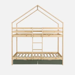 Letto a castello per bambini a forma di casa 190cm in pino naturale con cassetti
