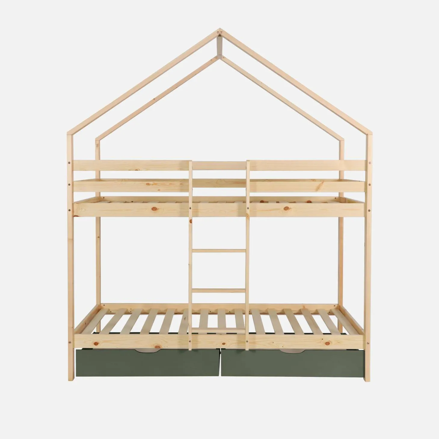 Letto a castello per bambini a forma di casa 190cm in pino naturale con cassetti