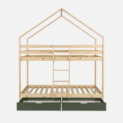 Letto a castello per bambini a forma di casa 190cm in pino naturale con cassetti