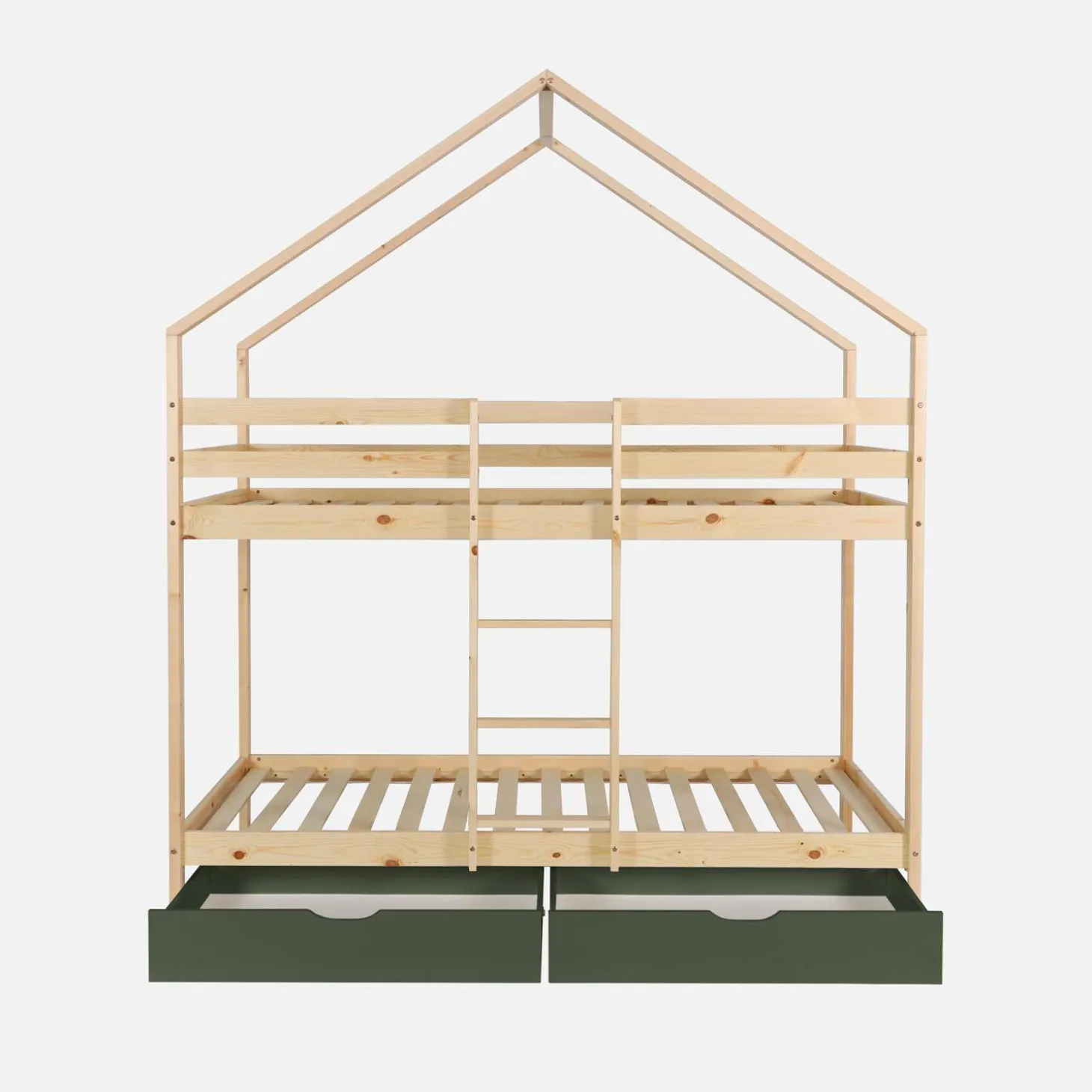Letto a castello per bambini a forma di casa 190cm in pino naturale con cassetti