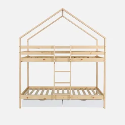 Letto a castello per bambini a forma di casa 190cm in pino naturale con cassetti