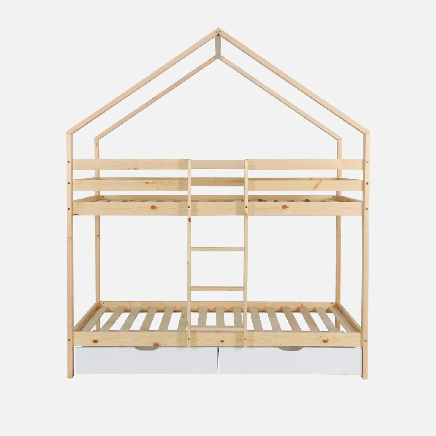 Letto a castello per bambini a forma di casa 190cm in pino naturale con cassetti