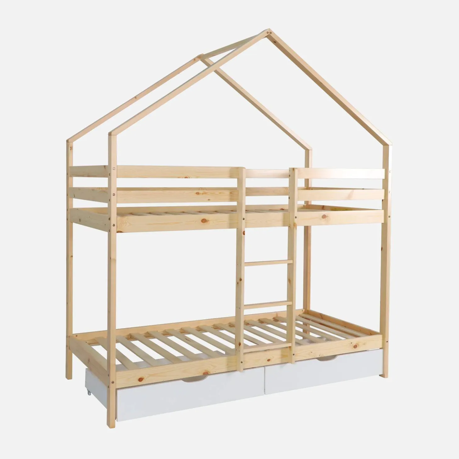 Letto a castello per bambini a forma di casa 190cm in pino naturale con cassetti