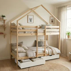 Letto a castello per bambini a forma di casa 190cm in pino naturale con cassetti