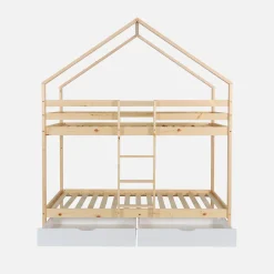 Letto a castello per bambini a forma di casa 190cm in pino naturale con cassetti