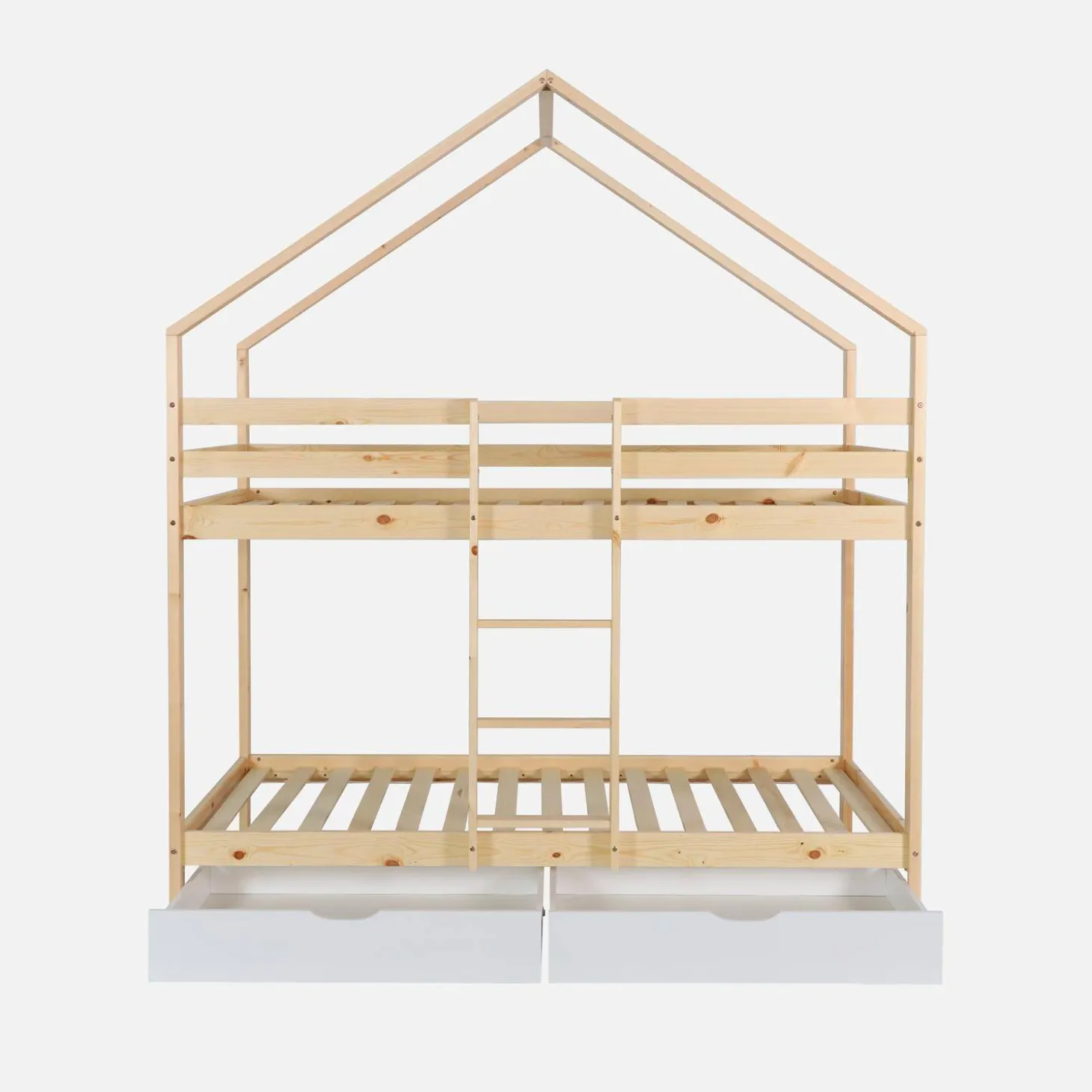 Letto a castello per bambini a forma di casa 190cm in pino naturale con cassetti