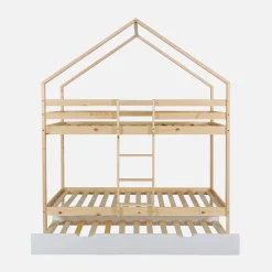 Letto a castello per bambini a forma di casa 190cm in pino naturale con cassetti
