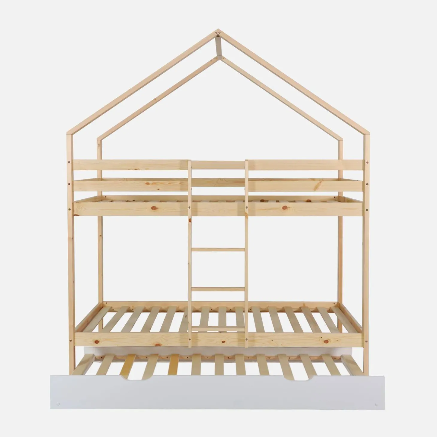 Letto a castello per bambini a forma di casa 190cm in pino naturale con cassetti