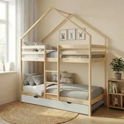 Letto a castello per bambini a forma di casa 190cm in pino naturale con cassetti