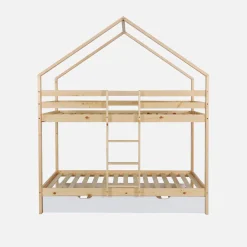 Letto a castello per bambini a forma di casa 190cm in pino naturale con cassetti