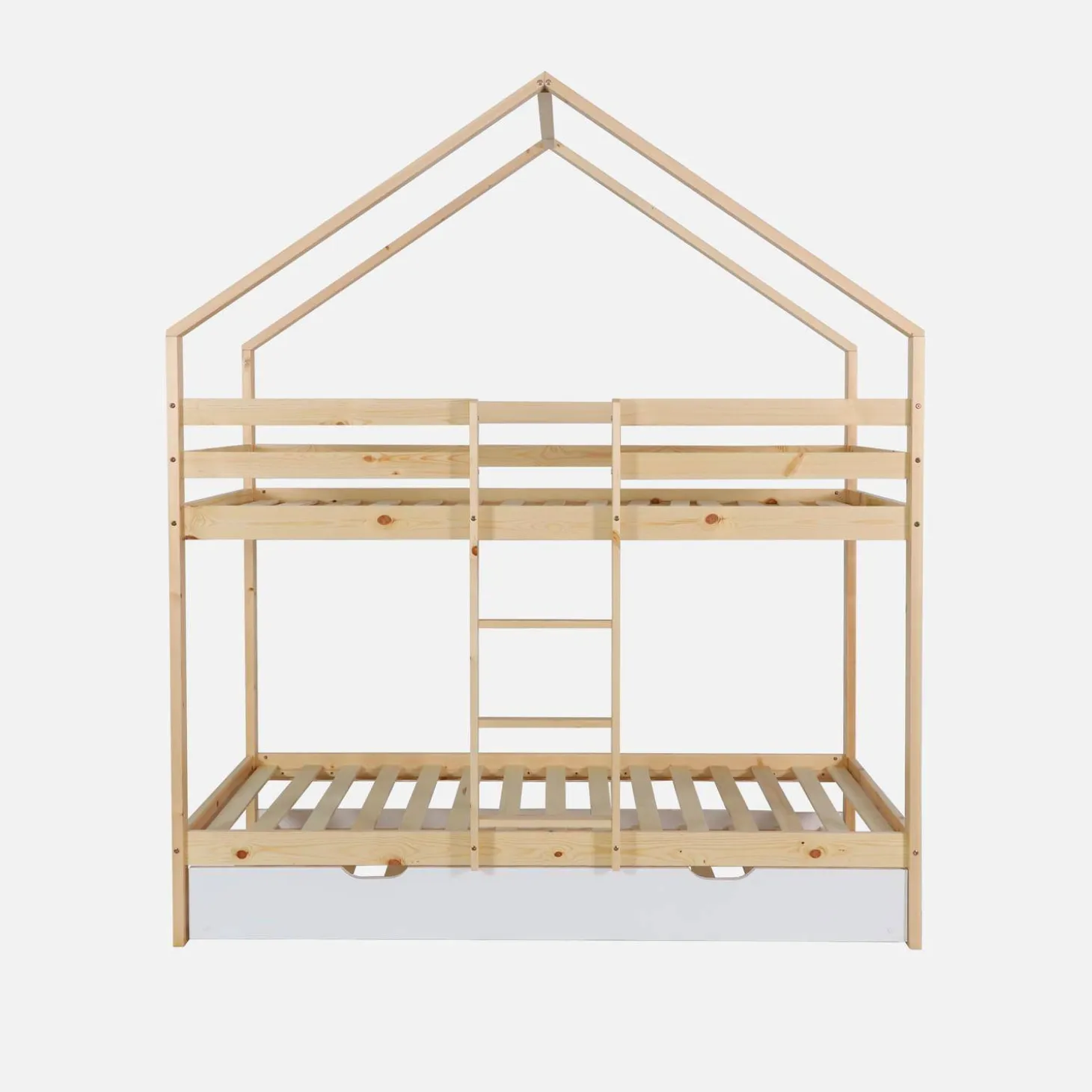 Letto a castello per bambini a forma di casa 190cm in pino naturale con cassetti