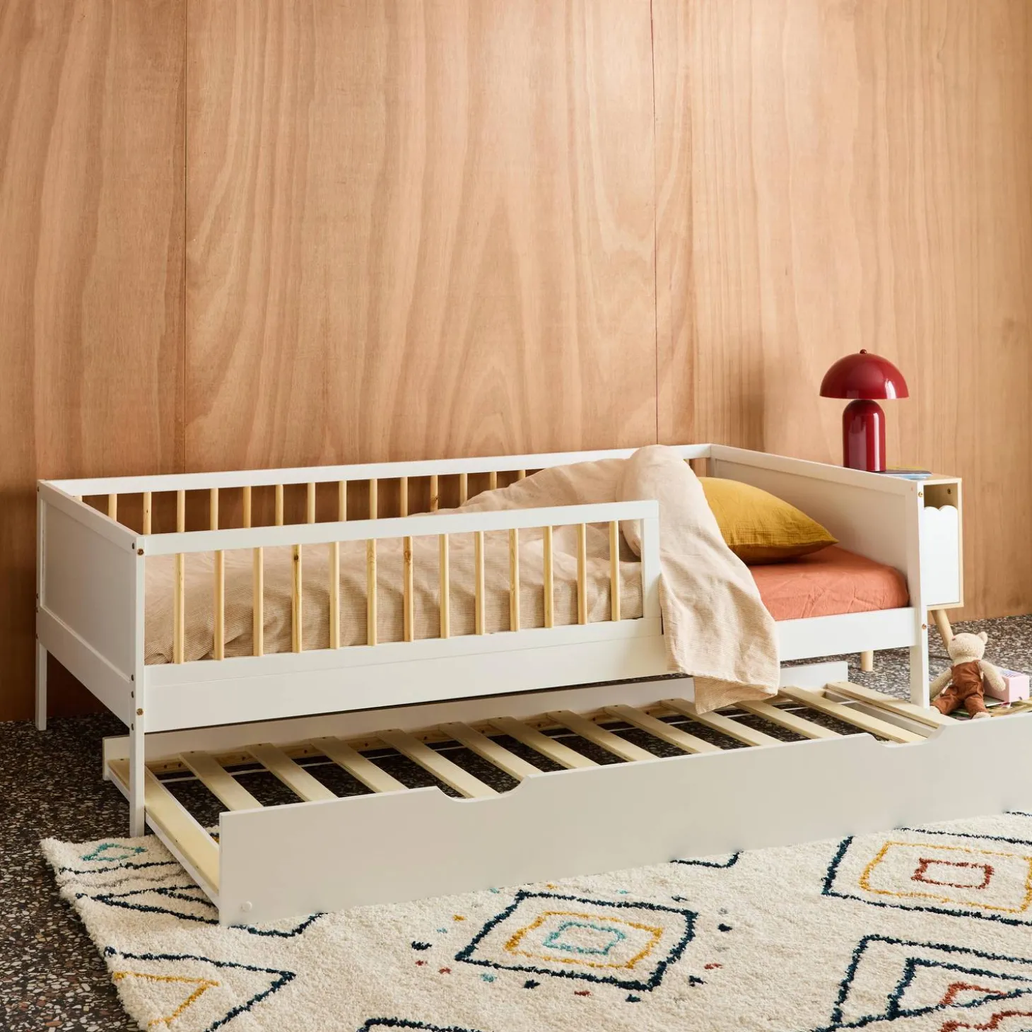 Letto a nido per bambini estraibile in pino naturale con rete a doghe e letto estraibile, 190cm