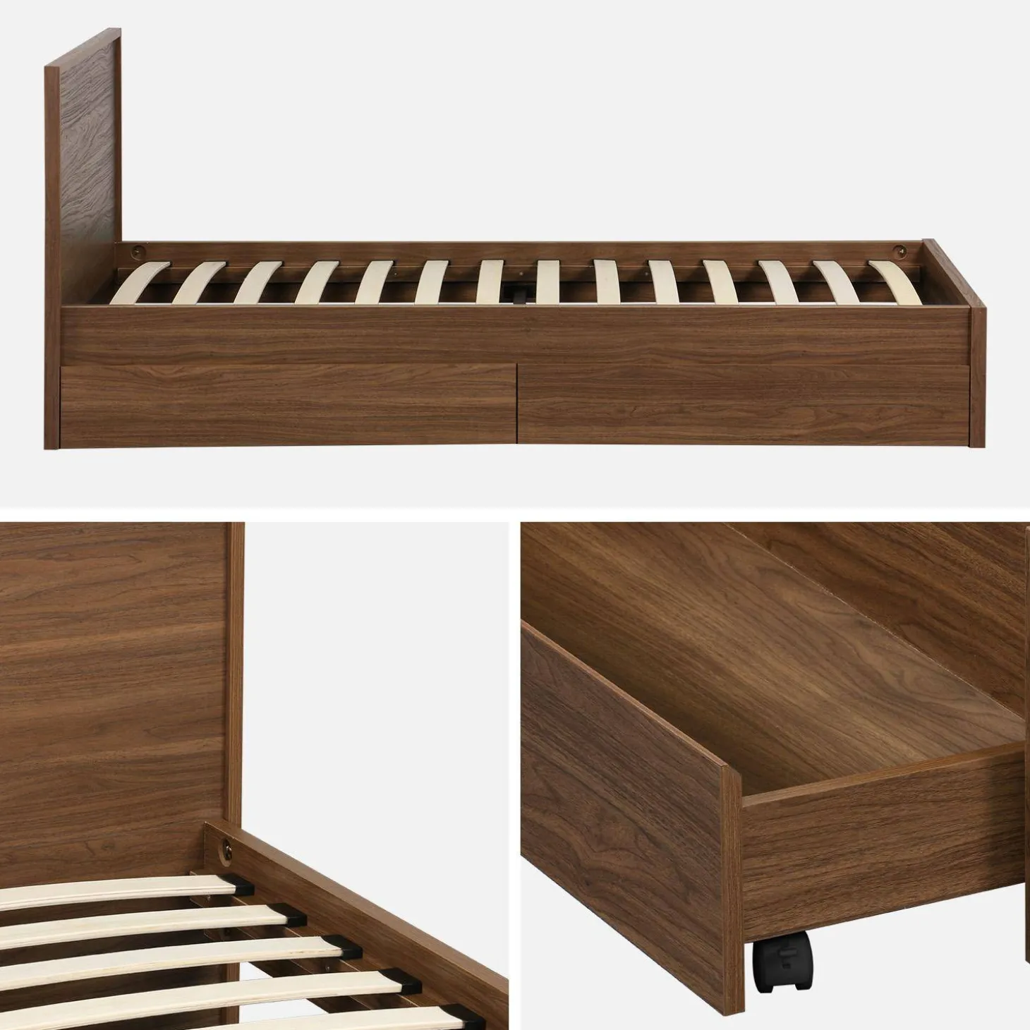 Letto con rete a doghe e testiera 90cm + 2 cassetti decorazione legno