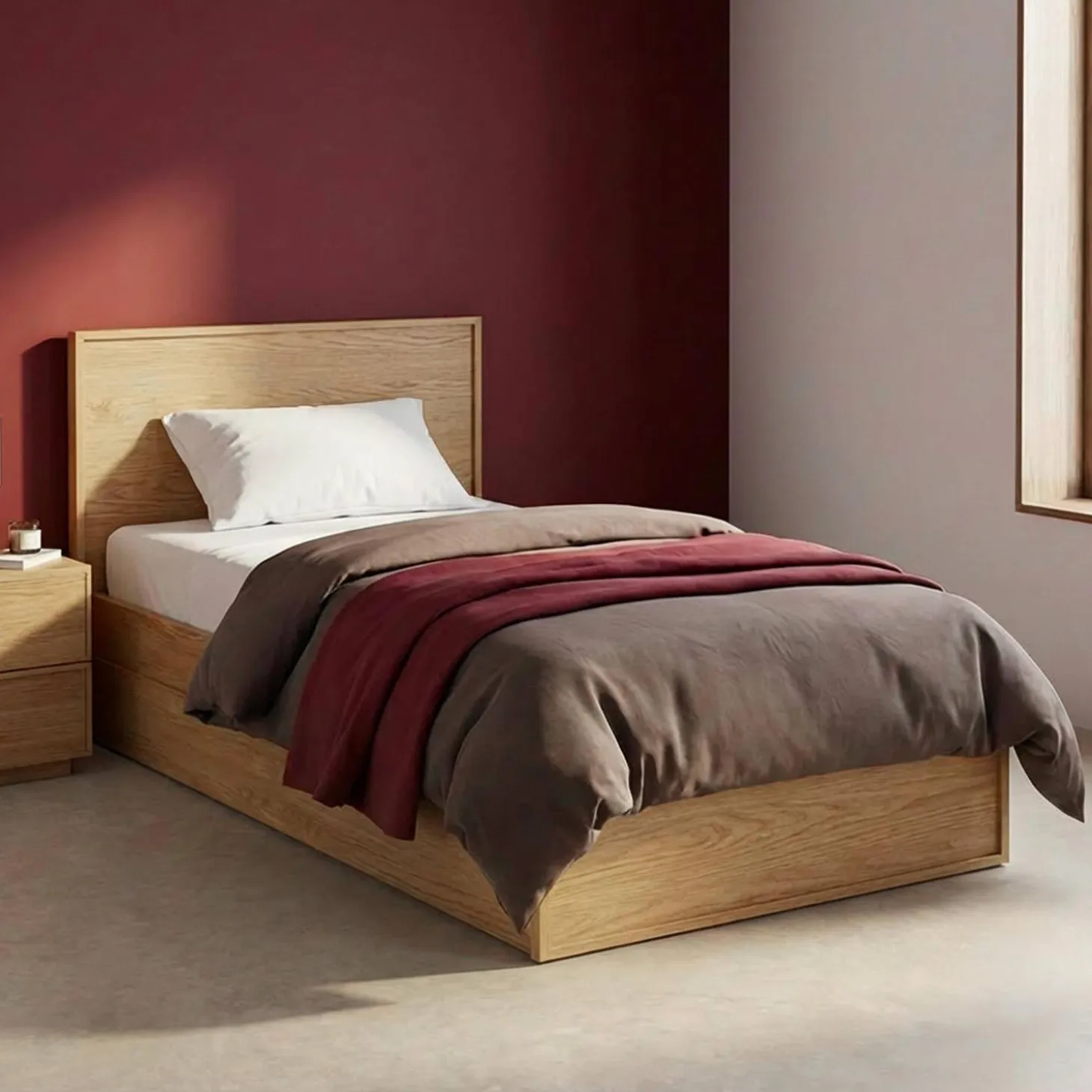 Letto con rete a doghe e testiera 90cm + 2 cassetti decorazione legno