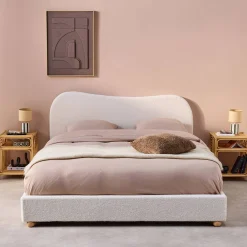 Letto con rete a doghe e testiera, bianco con finitura bouclé