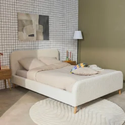 Letto con rete e testiera imbottita bouclé, 140x190cm