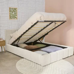 Letto contenitore con rete a doghe e testiera 160x200cm, bouclé
