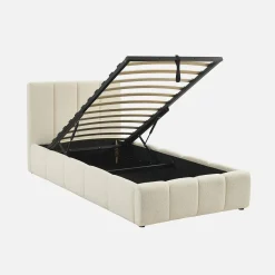 Letto contenitore con rete a doghe e testiera 90x190cm imbottito bouclé