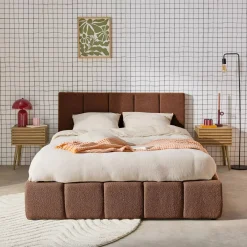 Letto contenitore con rete a doghe e testiera 160x200cm, bouclé