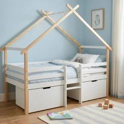Letto per bambini 90 x 190 cm in legno di pino con rete a doghe inclusa e 2 cassetti